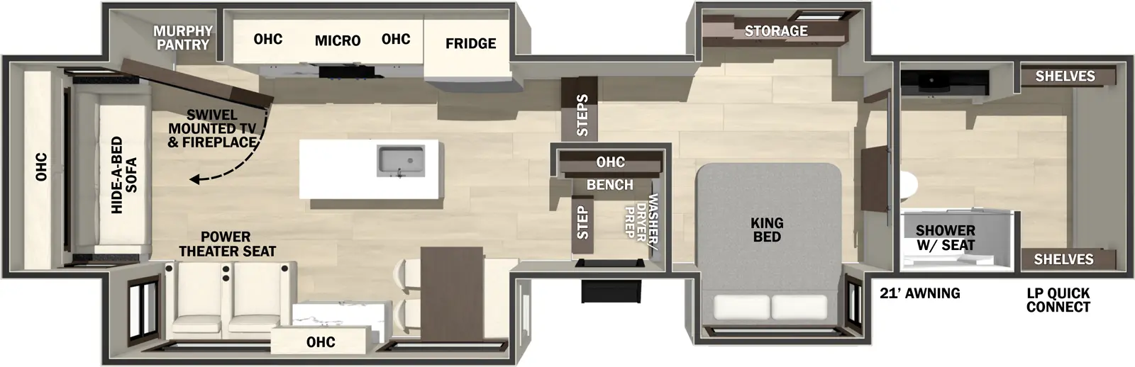 The Cedar Creek 383FB floorplan has one entry and four slide outs. Exterior features include: fiberglass exterior and 21' awning. Interiors features include: kitchen island, free-standing dinette option and rear living.